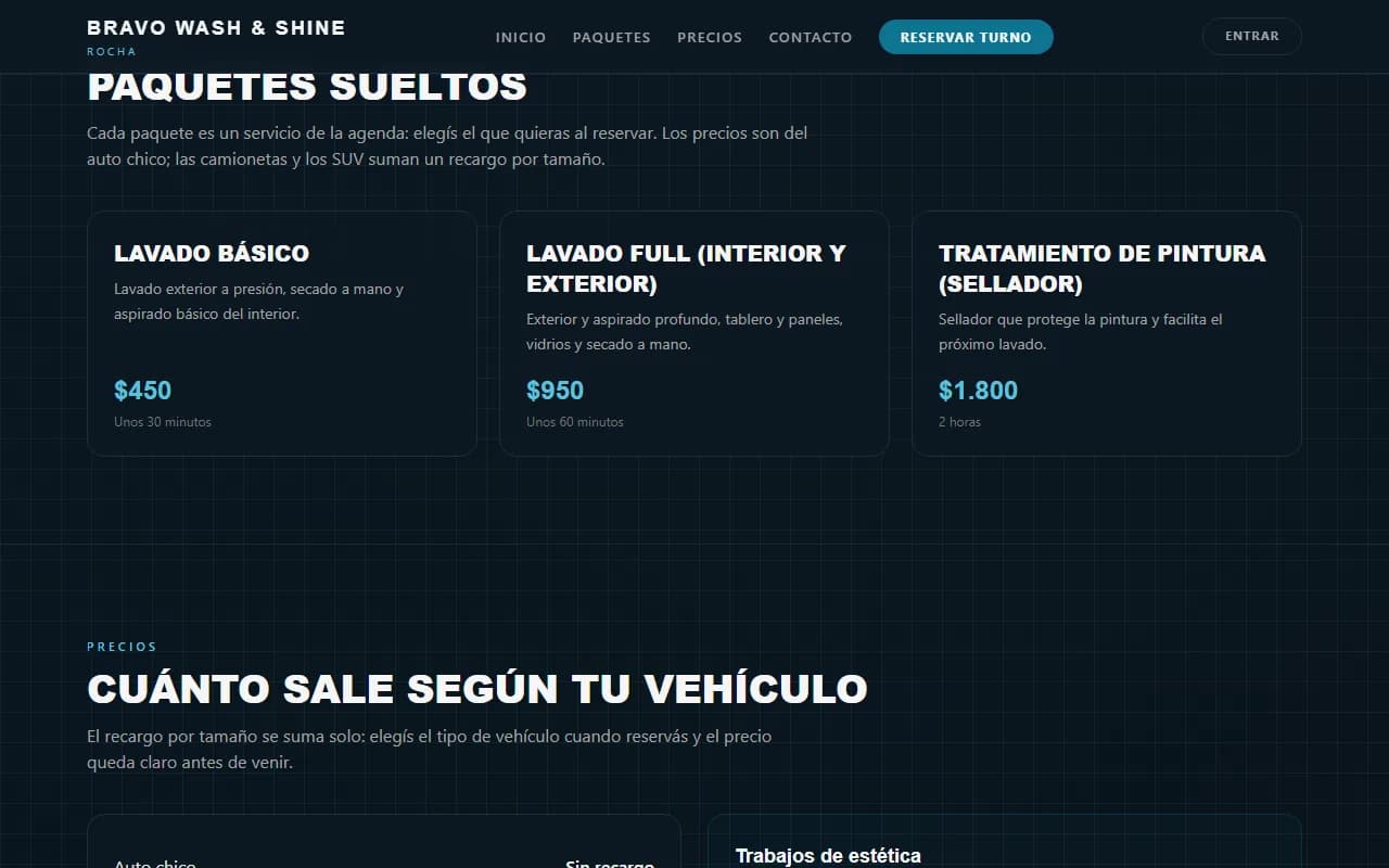 Web de demostración de Bravo Wash & Shine, un lavadero: paquetes de lavado con sus precios y tiempos, el botón «Reservar turno» en el menú y la sección de precios según el tipo de vehículo.